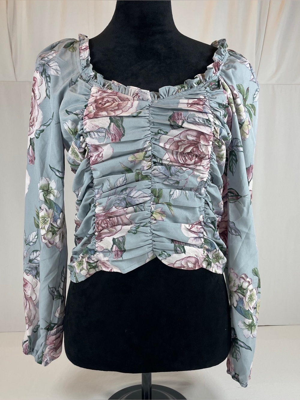 Milk & Honey Floral Ruched Ruffle Long Sleeve Top Blue Pink Cottagecore XL